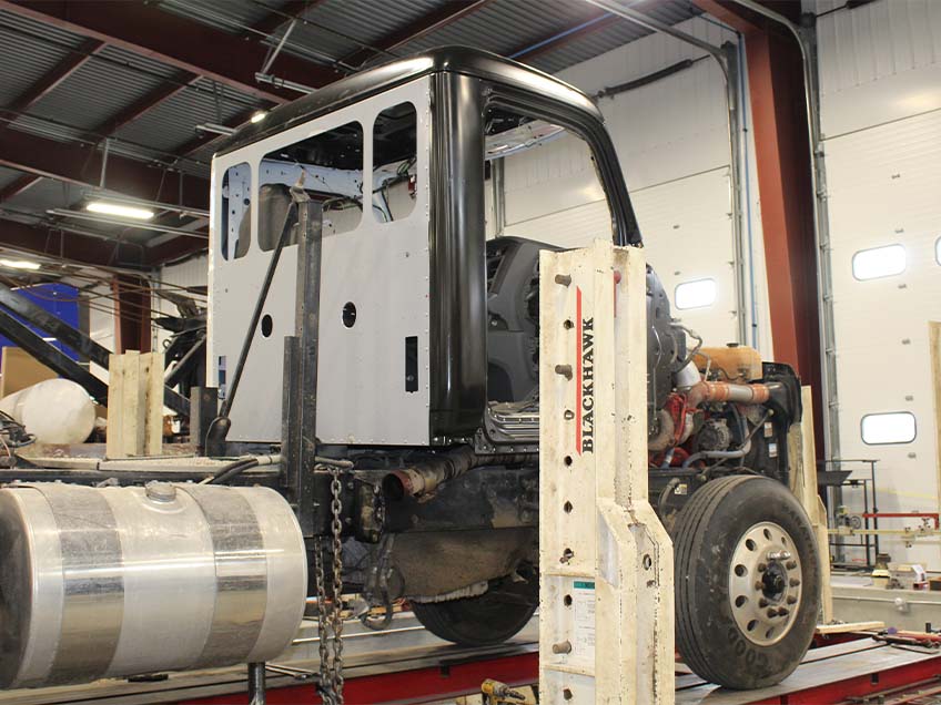 Truck getting prepped for frame correction